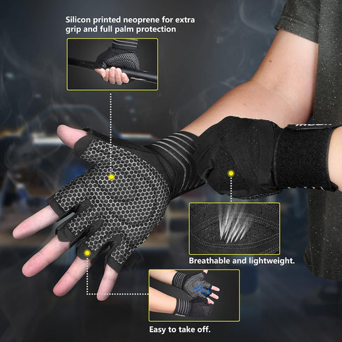 ihuan Ventilated Weight Lifting Gym Workout Gloves with Wrist Wrap Support for Men & Women, Full Palm Protection