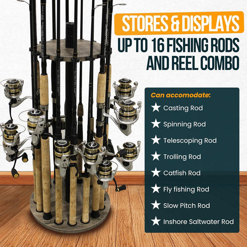 Rush Creek Creations Round Spinning Fishing Rod Holder for 16 Poles, Fishing Gear and Accessories | Fishing Rod Rack