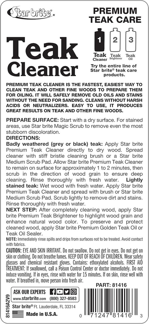 1-16 OZ (081416) STAR BRITE Premium Teak Cleaner - Restore, Renew & Refresh Old Weathered Gray Teak Furniture & Other