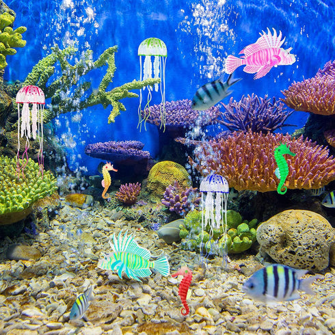 8 Pieces Luminous Aquarium Decorations with Glowing Jellyfish, Artificial Jellyfish, Fluorescent Lionfish, Seahorse