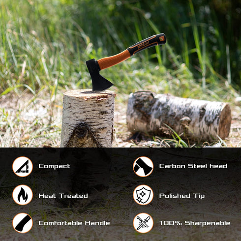 KSEIBI Wood Axe, Small Outdoor Camp Hatchet for Splitting and Kindling Wood, Forged Steel Blade