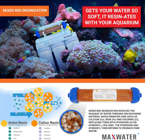 Max Water Mixed Bed Ion Exchange RODI Aquarium Filter Resin Replacement Cartridge - Compatible with 10" System