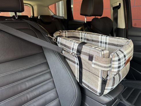 Kumdita' Center Console Car Seat & Carrier for Small Dogs & Cats with Dual Over-Seat Straps, Sewn-in Safety Leash & PE