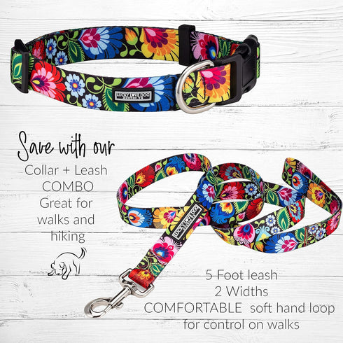 Lucky Love Dog Collars, Vivid Floral Design for Large Female Dogs, Blackbird, Large