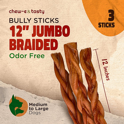 chew-e&tasty 12" Jumbo Braided Bully Sticks Odor Free Long Lasting Beef Chews - High Protein Dental Treats