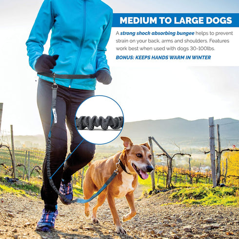 Tuff Mutt Hands-Free Waist Leash for Dog Walking, Running, Hiking, Adjustable Belt with Reflective Bungee Design