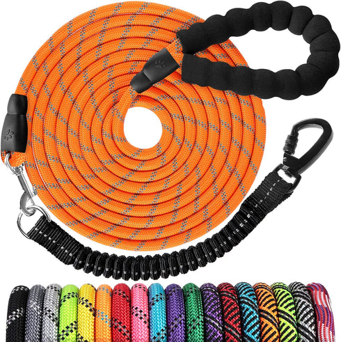 Long Dog Leash 50 FT | Heavy Duty Rope Leashes for Training | Swivel Lockable Hook, Reflective, Padded Handle, Orange