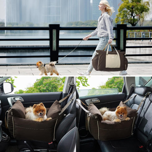 Lesure Small Dog Car Seat - Waterproof Booster Seat with Storage Pockets and Clip-On Safety Leash, Brown