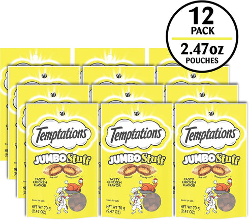 2.5 oz. (Pack 12) Temptations Jumbo Stuffed Cat Treats, Crunchy and Soft Cat Treats, Tasty Chicken Flavor, Pouch