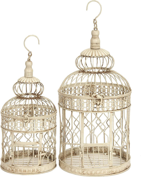 Deco 79 Metal Round Birdcage Set of 2, 22" & 18"H, with Latch Lock Closure and Hanging Hook, Cream