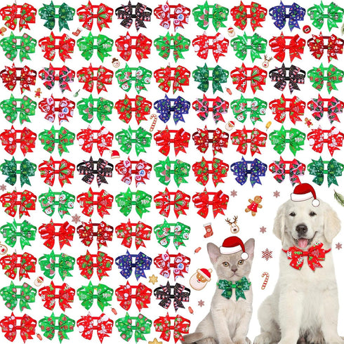 Maitys 80 Pcs Christmas Dog Collar with Bow, Snowman, Snowflake, Christmas Tree, Adjustable Neckties for Pets