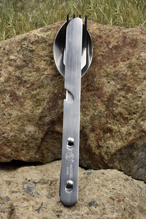 SE 4-in-1 Detachable Stainless Steel Utensil Set, Spoon, Fork, Knife, Bottle Opener with Clear Pouch