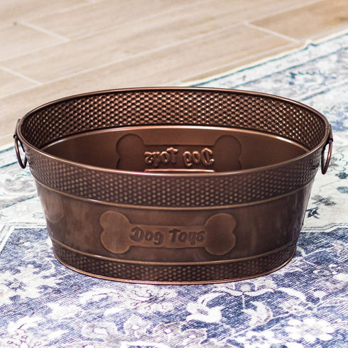 Indestructible Metal Dog Toy Bin, Copper Galvanized Storage Box with Handles, Dog Bone Design for Chew Toys, Blankets,