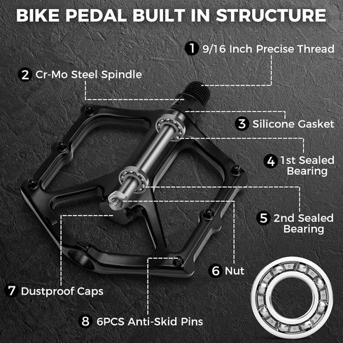 Premium 9/16 Inch Bike Pedals - Professional Mountain and Road Flat Pedal with 2 Sealed Bearings, Lightweight