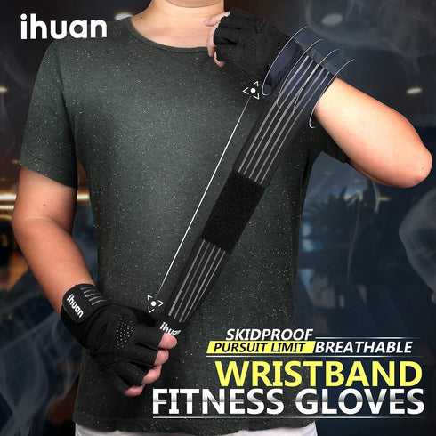 ihuan Ventilated Weight Lifting Gym Workout Gloves with Wrist Wrap Support for Men & Women, Full Palm Protection