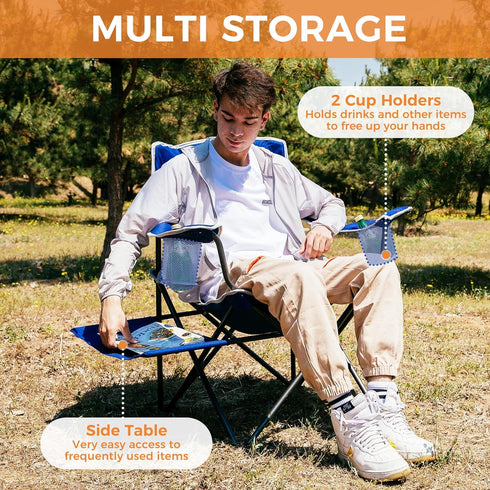300LBS FUNDANGO Folding Padded Camping Chair, Portable Outdoor Full Back Lawn Arm Chair with Side Table Cup Holder Side