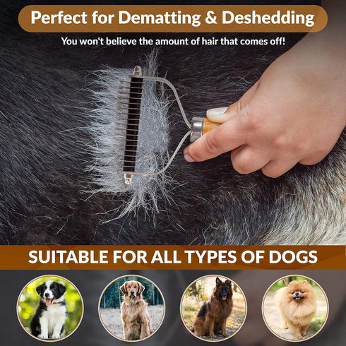 Pet Dematting Comb for Dogs and Cats - Wooden Handle Deshedding Rake for All Hair Types