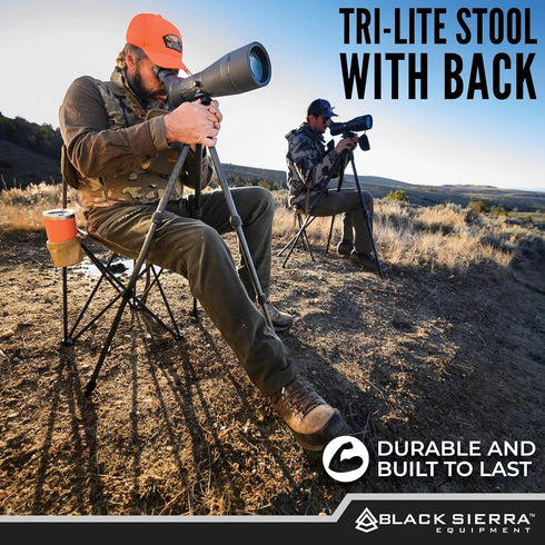 225 LBS Black Sierra Tri-Lite Stool with Back Lightweight, Folding Chair, for in the Hunting Blind, Camping