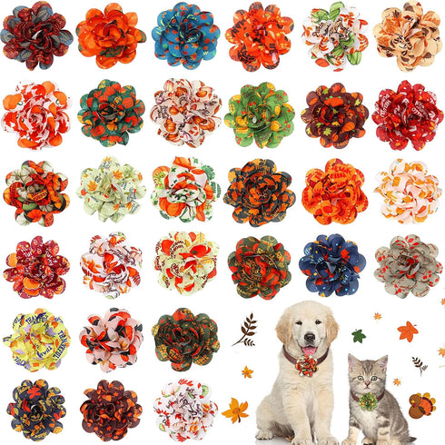 Sanwuta 30 Pcs Fall Dog Collar Flowers, Thanksgiving Pet Bow Ties Holiday Accessories for Small Medium Large Dogs