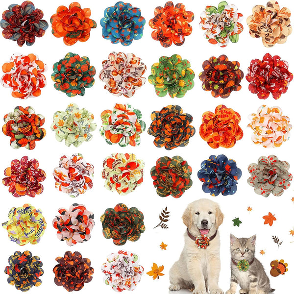 Sanwuta 30 Pcs Fall Dog Collar Flowers, Thanksgiving Pet Bow Ties Holiday Accessories for Small Medium Large Dogs