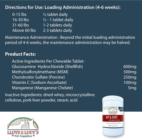 Lloyd & Lucy's Hip and Joint Supplement for Dogs, Chewable Multivitamin with Glucosamine, 180 Ct Tablets