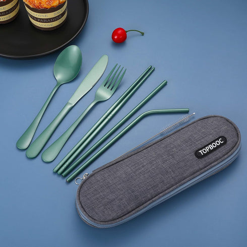 Portable Stainless Steel Flatware Set, Travel Camping Cutlery with Waterproof Case, Green
