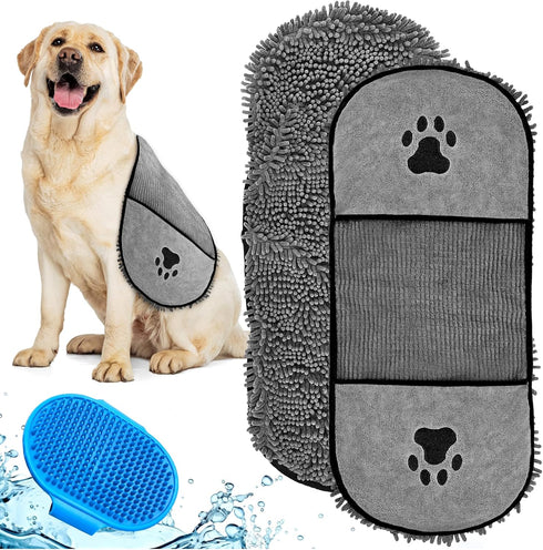 2 Pcs Microfiber Dog Towels for Drying, Includes Silicone Pet Brush, Pet Towels for Dogs