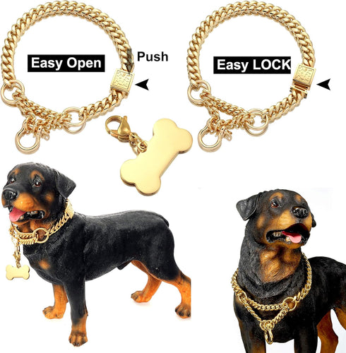Jewelry Kingdom Gold Dog Martingale Collar Metal Chain with Design Secure Buckle Dog Tag, 18K Cuban Link 15MM (Strong