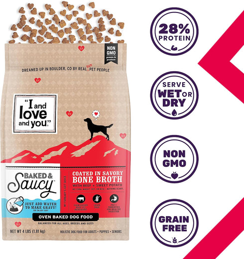 I AND LOVE AND YOU Baked and Saucy Dry Dog Food - Beef + Sweet Potato, Prebiotic + Probiotic, Grain Free, 10.25 lb Bag
