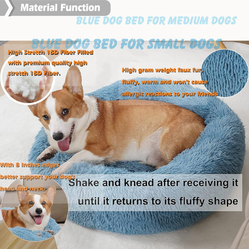Dog Beds for Medium Dogs - Washable Calming Blue Fluffy Soft Bed, Anti-Anxiety Faux Fur Round Pet Bed