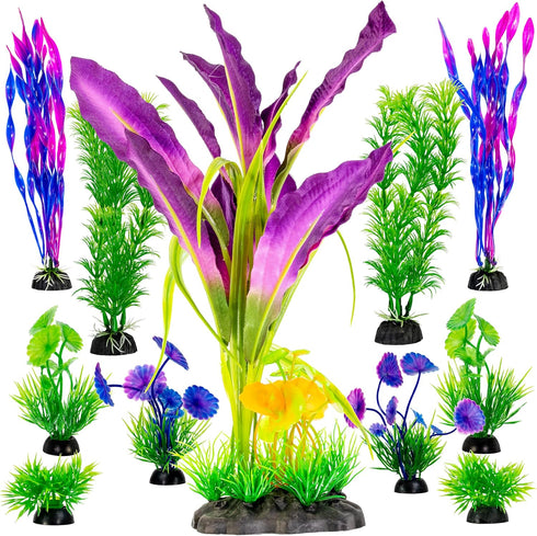 Fish Tank Decorations, Plastic Artificial Plant Set, 11 Pieces Medium/Large Flower Ornament for Freshwater & Saltwater