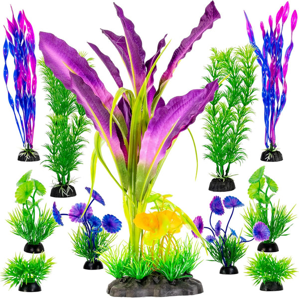Fish Tank Decorations, Plastic Artificial Plant Set, 11 Pieces Medium/Large Flower Ornament for Freshwater & Saltwater