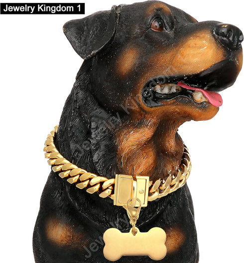 Jewelry Kingdom Gold Dog Chain Collar with ID Tag - 18K Stainless Steel Cuban Link (15MM, 26")
