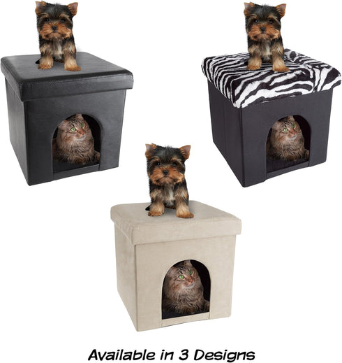 Pet House Ottoman - Collapsible Multipurpose Small Dog or Cat Bed Cube and Footrest with Cushion Top and Interior