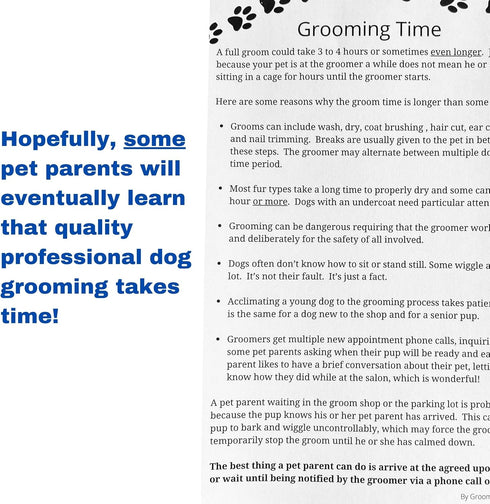 Grooming Time Pad (100 Sheets, 5.5" X 8.5") Describes Why a Dog Groom Takes 3 to 4 Hours or More