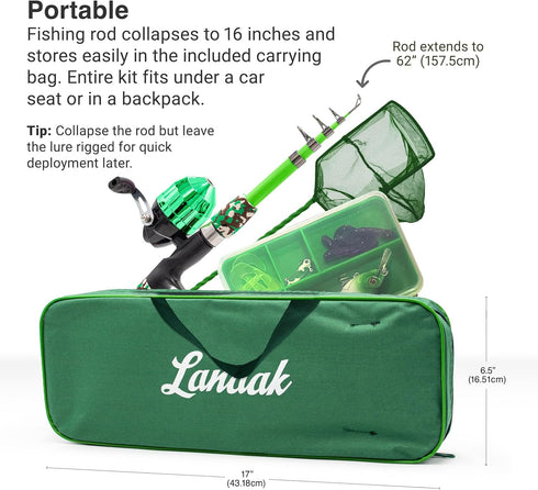 Kids Fishing Pole and Tackle Box - Includes Net, Travel Bag, Reel, and Beginner’s Guide - Rod and Reel Kit for Youth