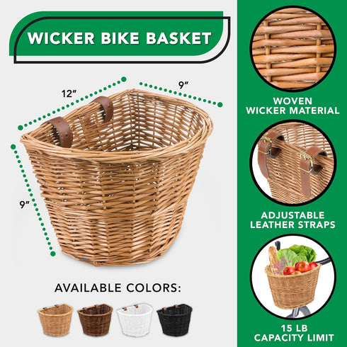 ProSource Wicker Bike Basket, Light Brown, Front Cargo for Women and Men, Fits Most Bikes, Beach Cruiser, Ebike, Road