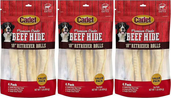 Cadet 3 Pack of Premium Grade Beef Hide Retriever Rolls, 10-Inch Dog Chews Each