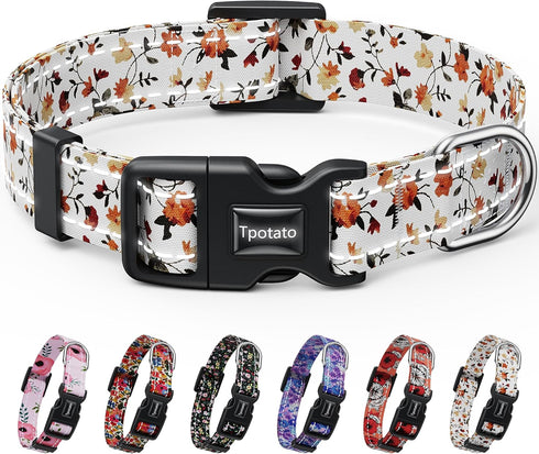 Reflective Combination Pattern Girl Dog Collar for Small Medium Large Breed Dogs, Adjustable Soft Nylon Pet Collar (M)