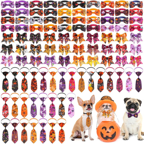 Reginary 100 Pcs Halloween Dog Bow Ties Collar Bulk, 40 Neckties, 30 Puppy Bow Ties, 30 Collar Flowers for Small Medium