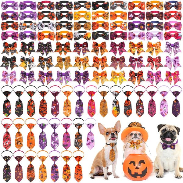 Reginary 100 Pcs Halloween Dog Bow Ties Collar Bulk, 40 Neckties, 30 Puppy Bow Ties, 30 Collar Flowers for Small Medium