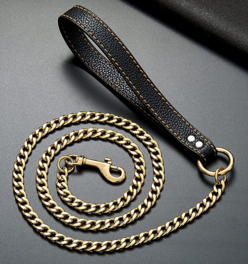 4.3 FT Gold Chain Dog Leash with Comfortable Padded Traffic Handle for Small Medium Large Dogs, Heavy Duty