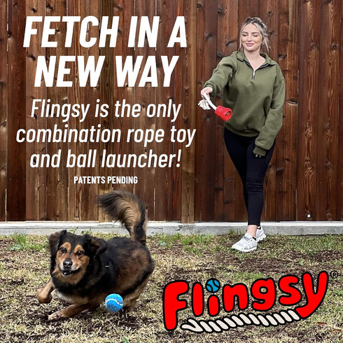 Made in USA Flingsy Dog Ball Launcher and Rope Tug Fetch Thrower Combination Throwing Toy with 100-Percent Natural Cotton Rope