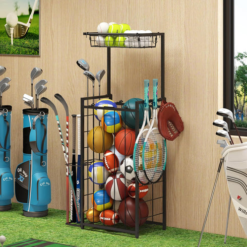 NuoyuanShen 3 Sports Equipment Organizer, Small Garage Ball Storage Rack with Elastic Straps and Hooks, Garage