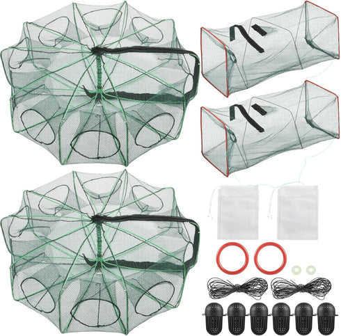 Sibosen 2PCS Fishing Bait Trap Crab Net 10 Holes and 2 PCS Square