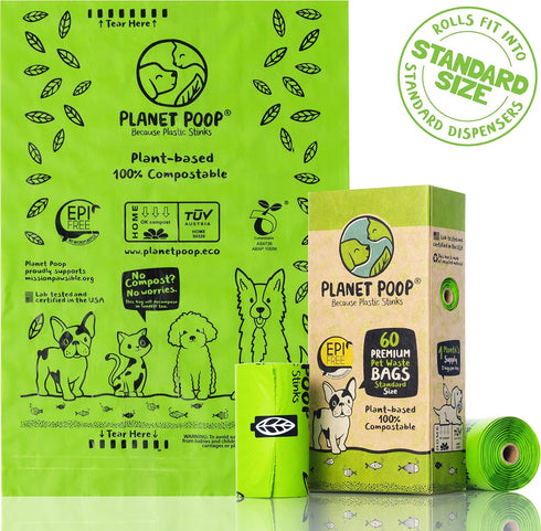 PLANET POOP 60 Un-Scented Home Compostable Dog Poop Bags on Refill Rolls, Thick Leakproof Plant-Based Supplies