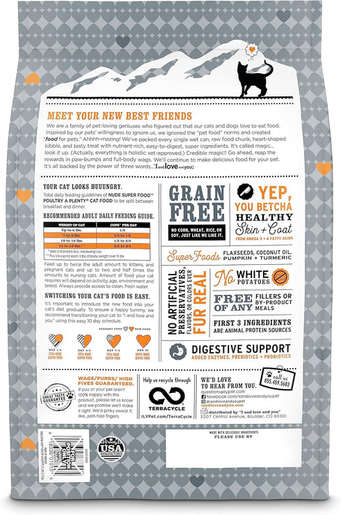 I and love and you Nude Super Food Dry Cat Food - Turkey + Chicken - Grain Free, High Protein, No Fillers, Superfoods, 5lb Bag