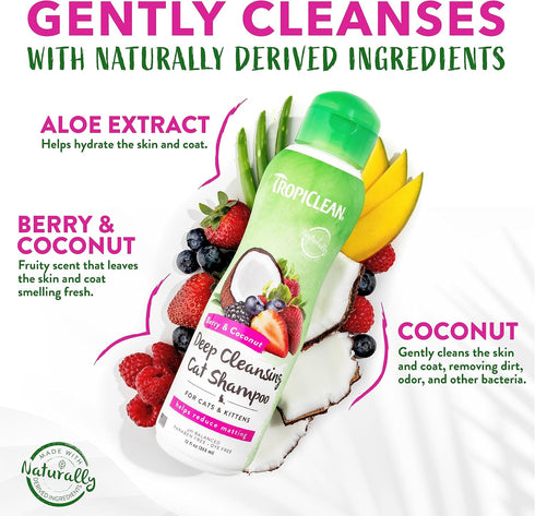 TropiClean Berry & Coconut Deep Cleansing Cat Shampoo | Natural Ingredients | Reduces Matting | Made in The USA | 12 oz