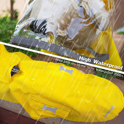 Dog Waterproof Raincoat with Poncho Hoodie, High Reflective Adjustable Yellow Pet Rain Jacket for Small Medium and