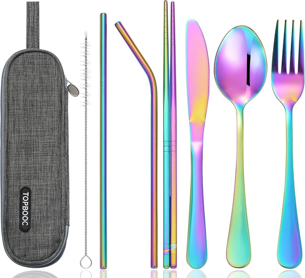 Portable Stainless Steel Flatware Set, Travel Camping Cutlery with Waterproof Case (Rainbow)